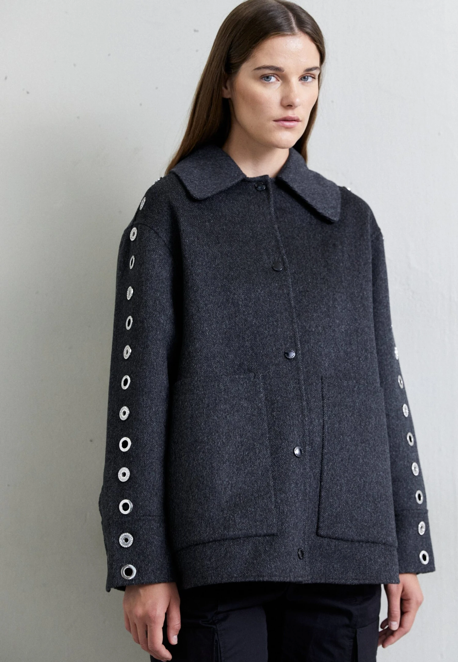 Sandro Oversize Double Face Coat With Eyelet - Halflange Jas - Gris Foncé 1 Sandro Oversize Double Face Coat With Eyelet - Halflange Jas - Gris Foncé