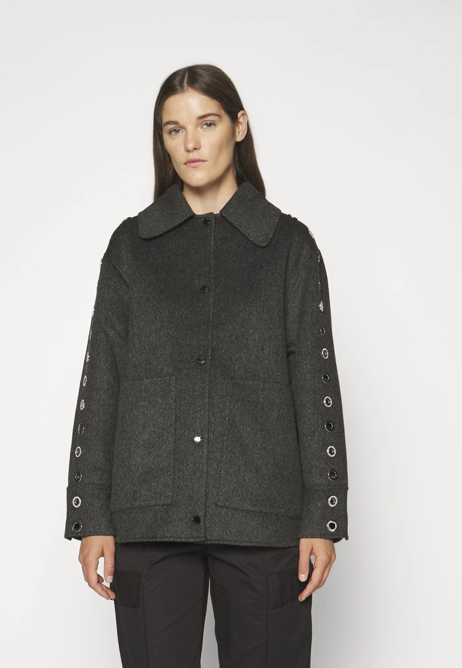 Sandro Oversize Double Face Coat With Eyelet - Halflange Jas - Gris Foncé 3 Sandro Oversize Double Face Coat With Eyelet - Halflange Jas - Gris Foncé - Afbeelding 3